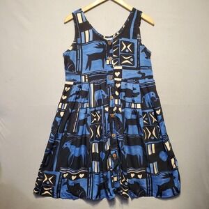 VTG Pineapple Moon Dress Womens M Blue Batik Animal Rayon Button Front Sundress